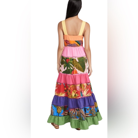 Farm Rio Rainbow Mixed Prints Maxi Dress Size Small Tiered Straps A Line Square - Picture 3 of 11